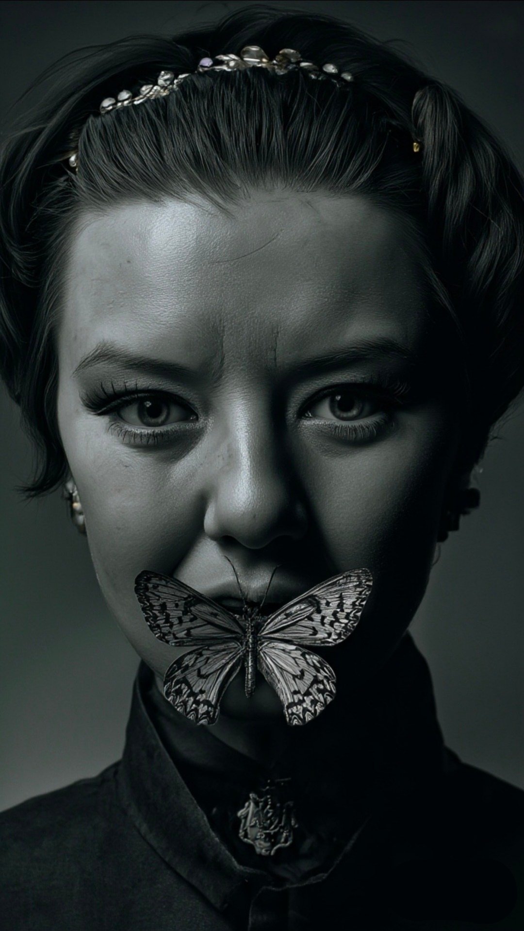 Black-and-white portrait of Jeanie Lynn Churchwell wearing a jeweled headpiece, with a butterfly poised over her mouth